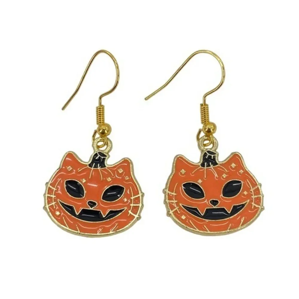 Jack-O-Lantern Orange Pumpkin Cat Enamel Earrings - Picture 2 of 4